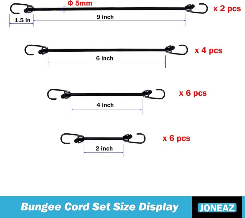 Joneaz Mini Bungee Cords with Hooks 2 inch 4 inch 6 inch 9 inch, Assorted 18-Piece Set Package of Small Bungee Cords - Image 2